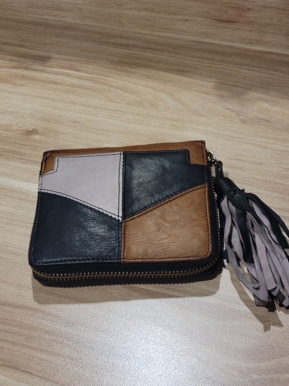 Free People Leather Geo Patchwork Zip Wallet in Black, Tan & Light Pink